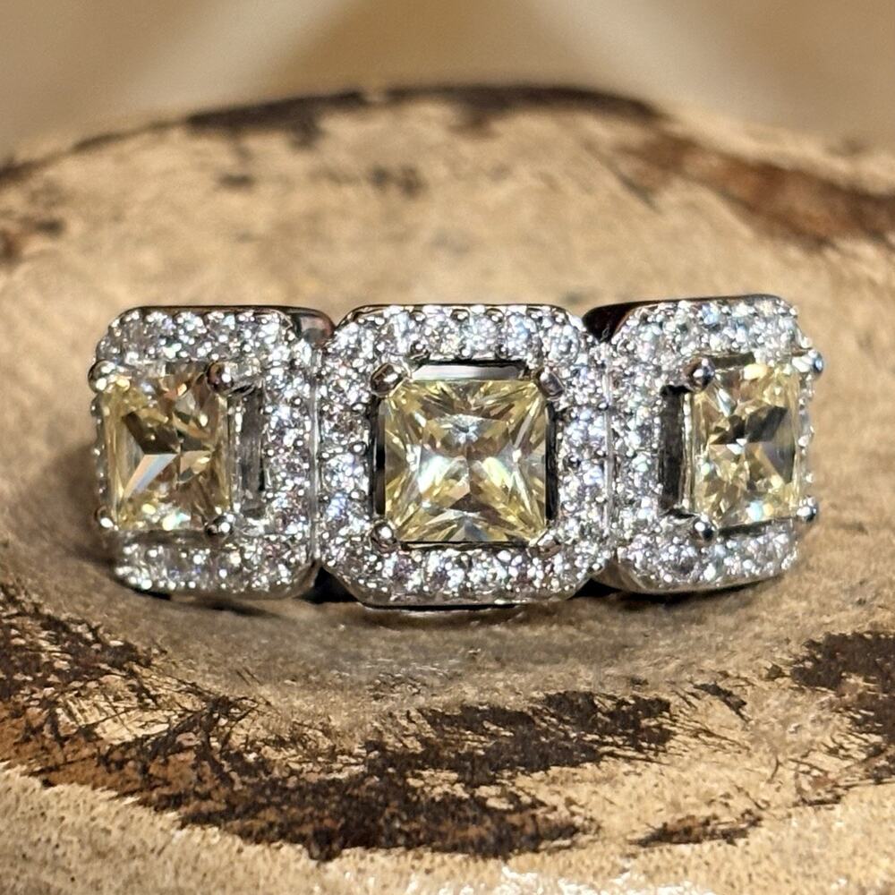 Joseph Espocito Ring Size 9 Sterling Silver Triple Halo w/ Yellow and Clear Cz's